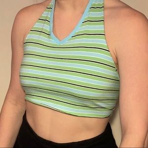 sustainably made from recycled fabric!! halter top fits model who is size m/l